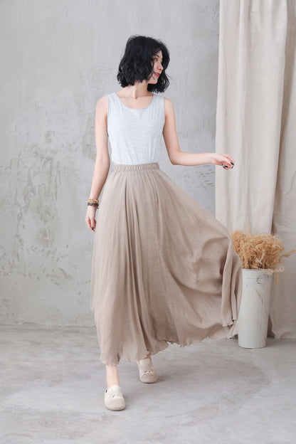 Beige Linen Maxi Skirt - Flowy Elastic Waist Swing 3301
