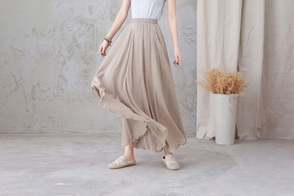 Beige Linen Maxi Skirt - Flowy Elastic Waist Swing 3301