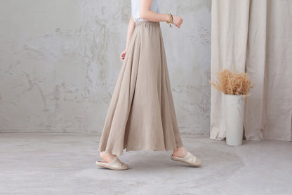 Beige Linen Maxi Skirt - Flowy Elastic Waist Swing 3301