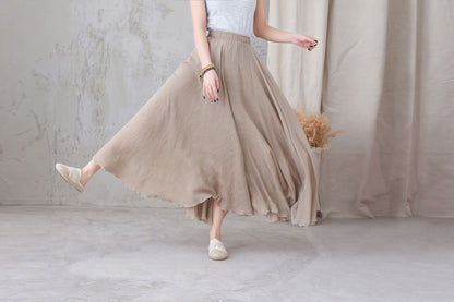 Beige Linen Maxi Skirt - Flowy Elastic Waist Swing 3301