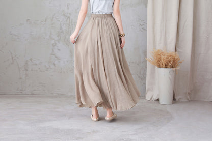 Beige Linen Maxi Skirt - Flowy Elastic Waist Swing 3301