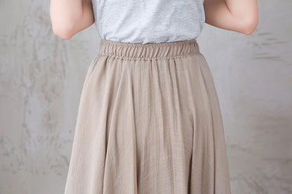 Beige Linen Maxi Skirt - Flowy Elastic Waist Swing 3301