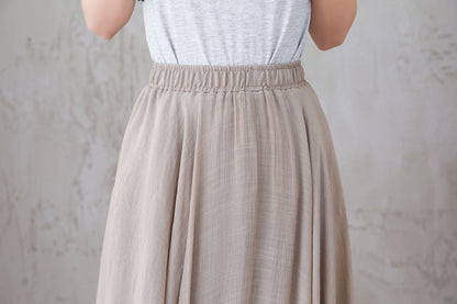 Beige Linen Maxi Skirt - Flowy Elastic Waist Swing 3301