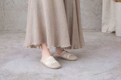 Beige Linen Maxi Skirt - Flowy Elastic Waist Swing 3301