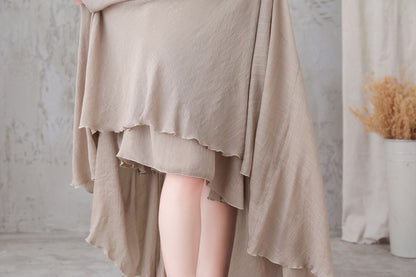 Beige Linen Maxi Skirt - Flowy Elastic Waist Swing 3301