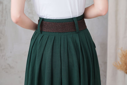 Green Linen Skirt - Full Circle, Pleated, Knee-Length with Pockets 3305