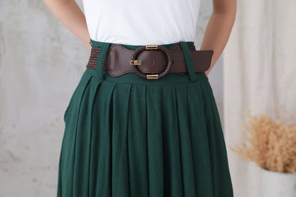 Green Linen Skirt - Full Circle, Pleated, Knee-Length with Pockets 3305