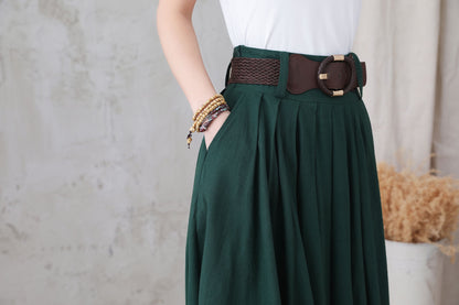 Green Linen Skirt - Full Circle, Pleated, Knee-Length with Pockets 3305