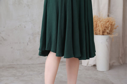 Green Linen Skirt - Full Circle, Pleated, Knee-Length with Pockets 3305