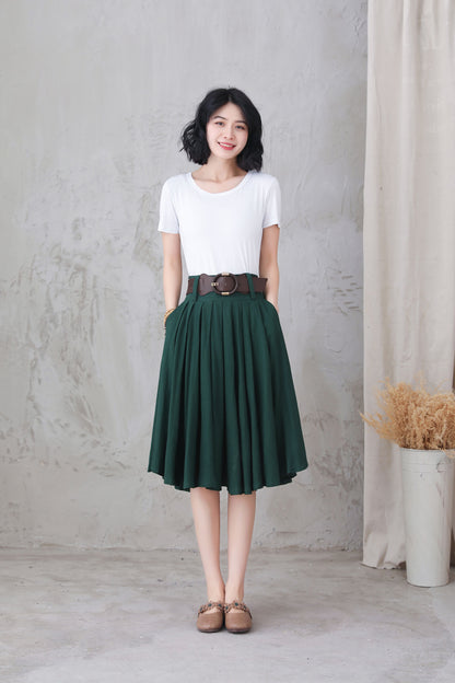 Green Linen Skirt - Full Circle, Pleated, Knee-Length with Pockets 3305