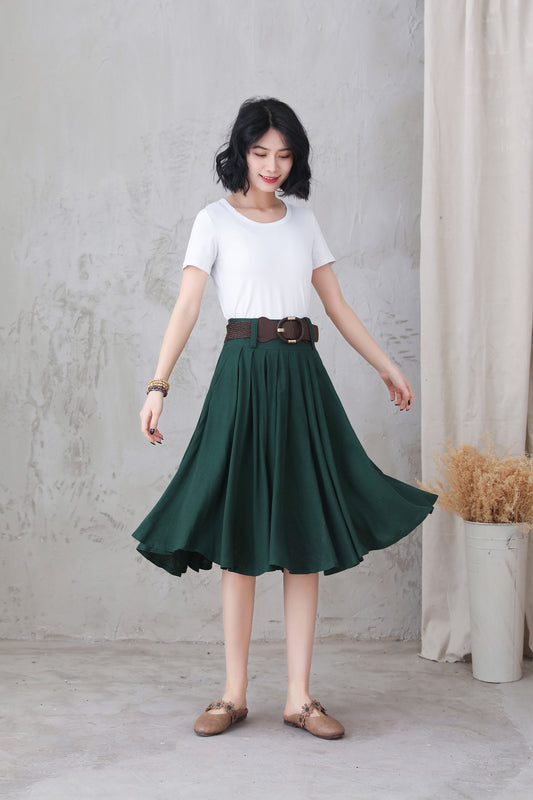 Green Linen Full Circle Skirt with Pockets 3305