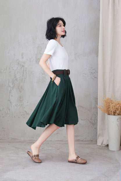 Green Linen Skirt - Full Circle, Pleated, Knee-Length with Pockets 3305