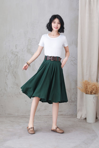 Green Linen Skirt - Full Circle, Pleated, Knee-Length with Pockets 3305
