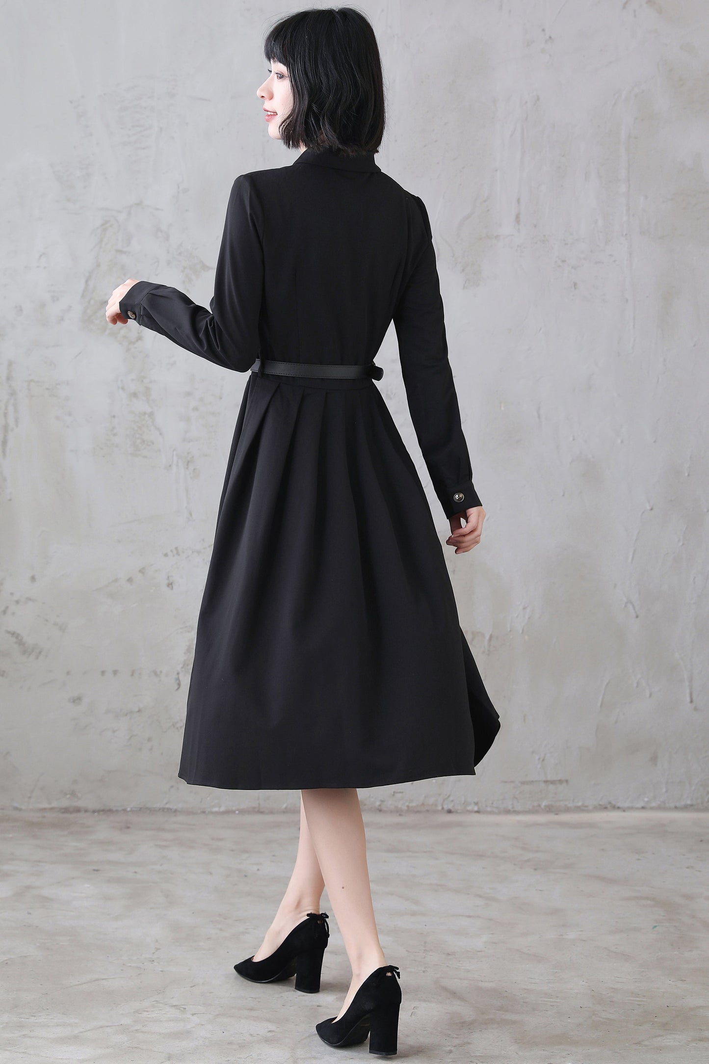 Vintage Inspired Black Shirtwaist Midi Dress 3113,Size S　#CK2101092