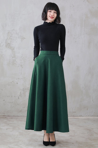 Handmade Wool Flared Maxi Skirt – Emerald Ankle Length with Pockets | Xiaolizi 3121