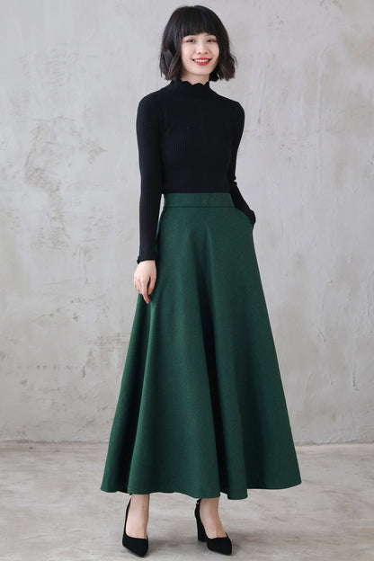 Handmade Wool Flared Maxi Skirt – Emerald Ankle Length with Pockets | Xiaolizi 3121