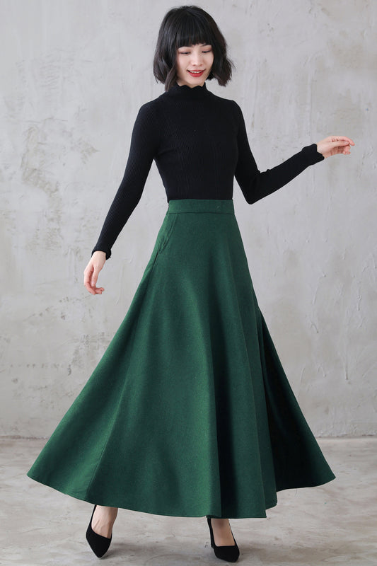 Green Maxi Wool  Retro Swing Skirt 3121