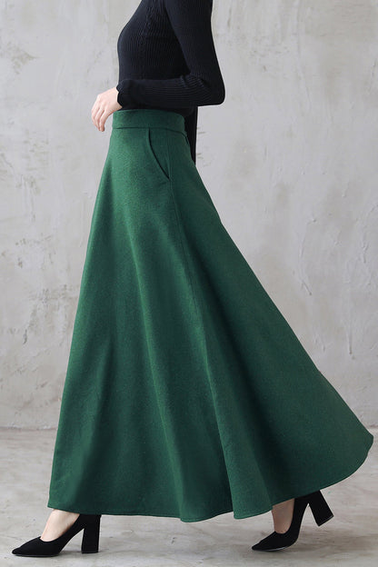 Handmade Wool Flared Maxi Skirt – Emerald Ankle Length with Pockets | Xiaolizi 3121