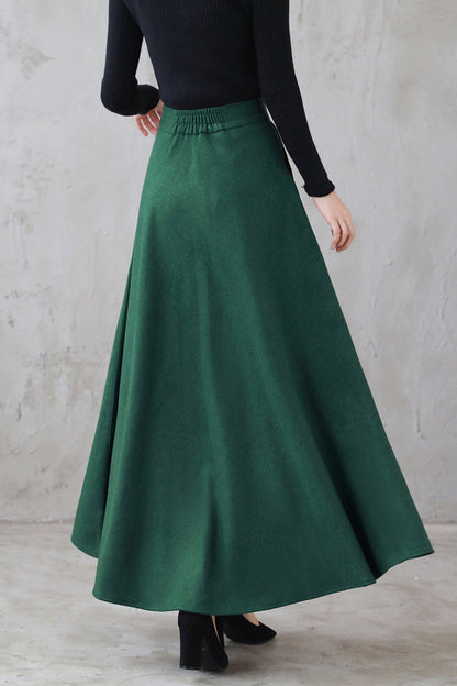 Handmade Wool Flared Maxi Skirt – Emerald Ankle Length with Pockets | Xiaolizi 3121
