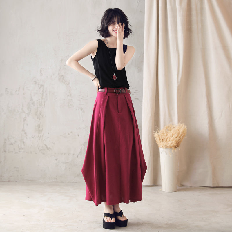 Women’s Linen Maxi Skirt – Red High Waist Handmade Long Skirt | Xiaolizi 2584