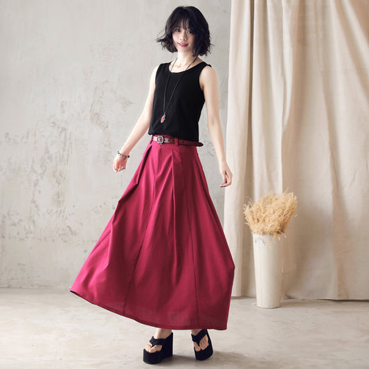Women’s Linen Maxi Skirt – Red High Waist Handmade Long Skirt | Xiaolizi 2584