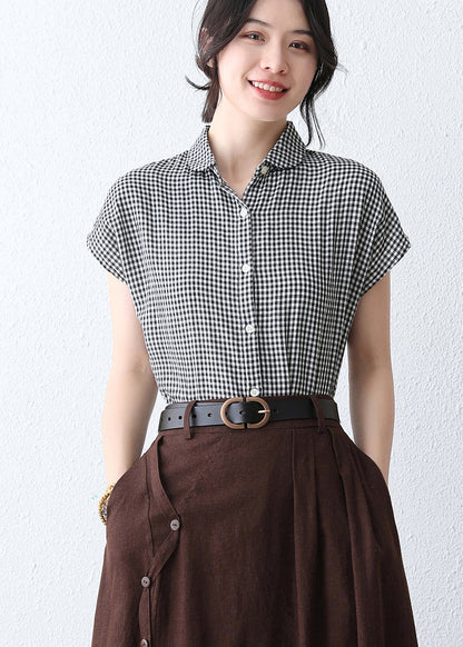 Black & White Plaid Linen Blouse - Handmade Cap Sleeves 2891