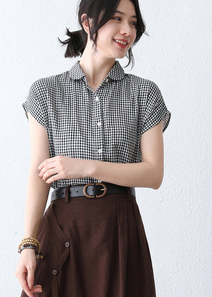 Black & White Plaid Linen Blouse - Handmade Cap Sleeves 2891