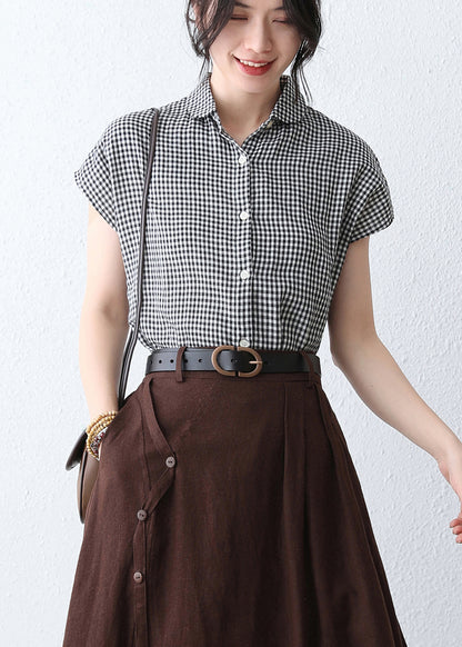 Black & White Plaid Linen Blouse - Handmade Cap Sleeves 2891