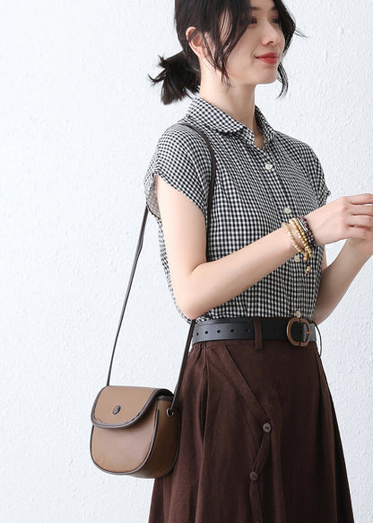 Black & White Plaid Linen Blouse - Handmade Cap Sleeves 2891