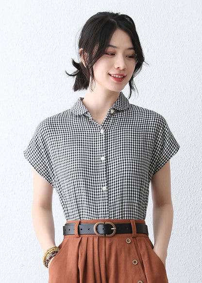 Black & White Plaid Linen Blouse - Handmade Cap Sleeves 2891