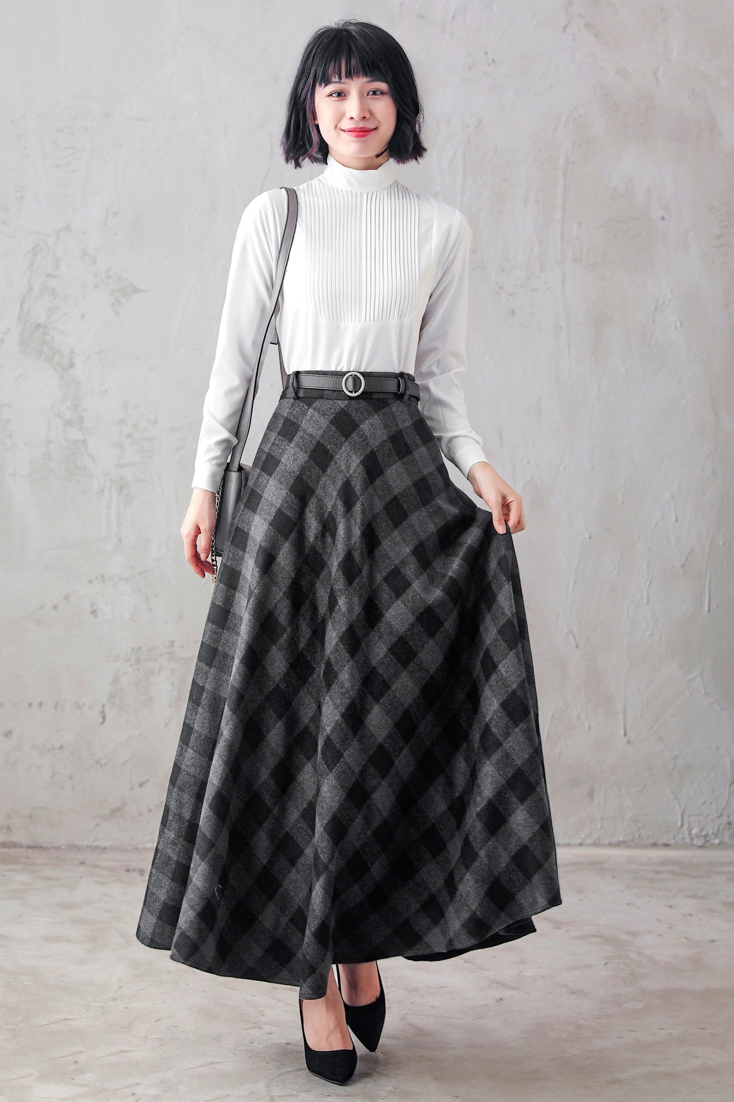 Womens A Line Woolen Plaid Maxi Retro Winter Skirt 3103
