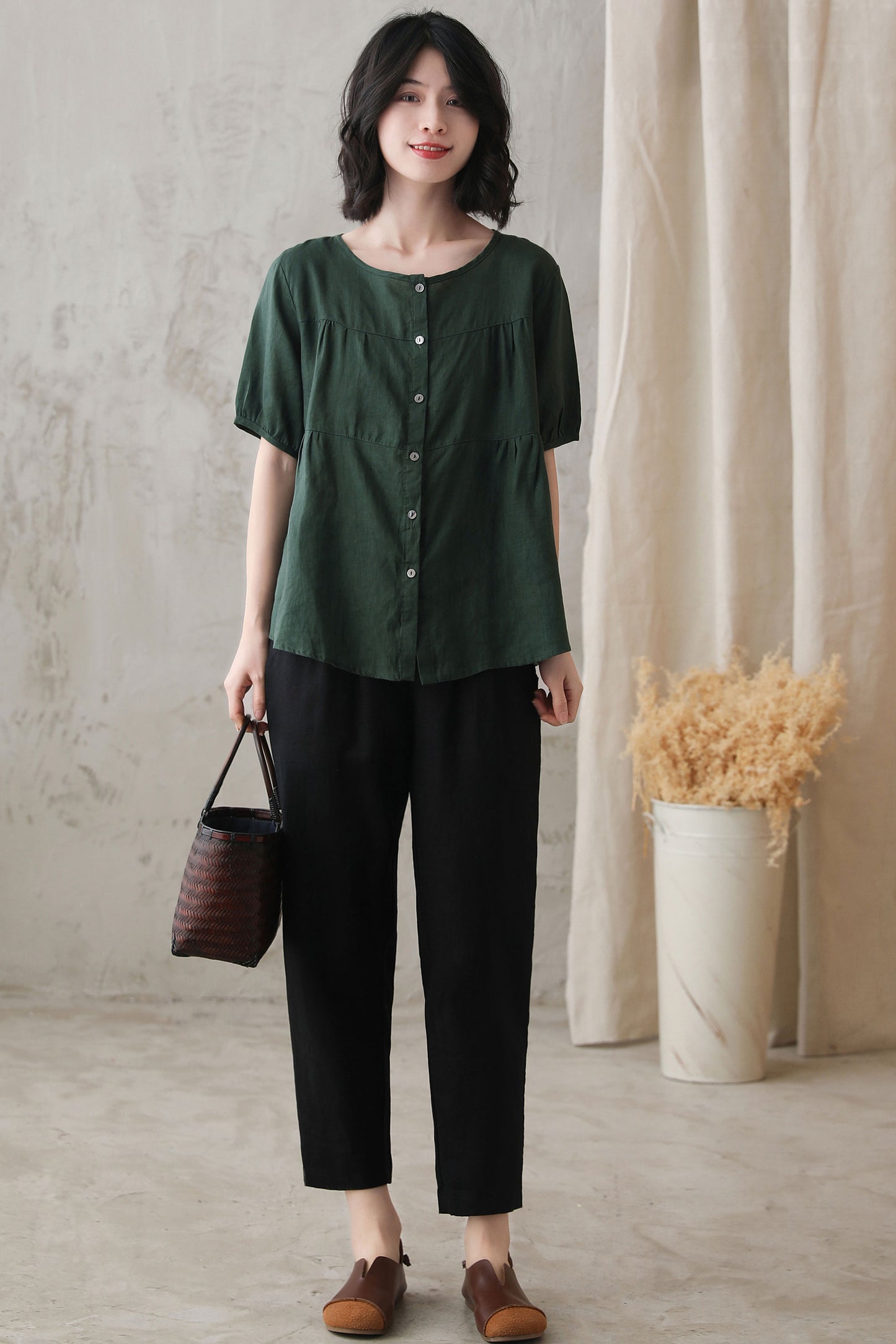 Green Cotton Linen Shirt - Short Lantern Sleeves, Loose Fit 2734