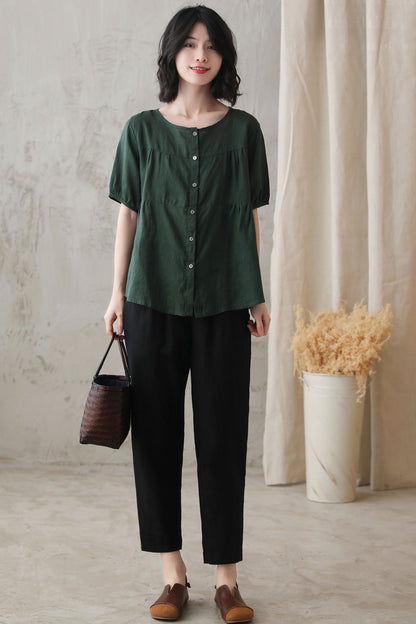 Green Cotton Linen Shirt - Short Lantern Sleeves, Loose Fit 2734