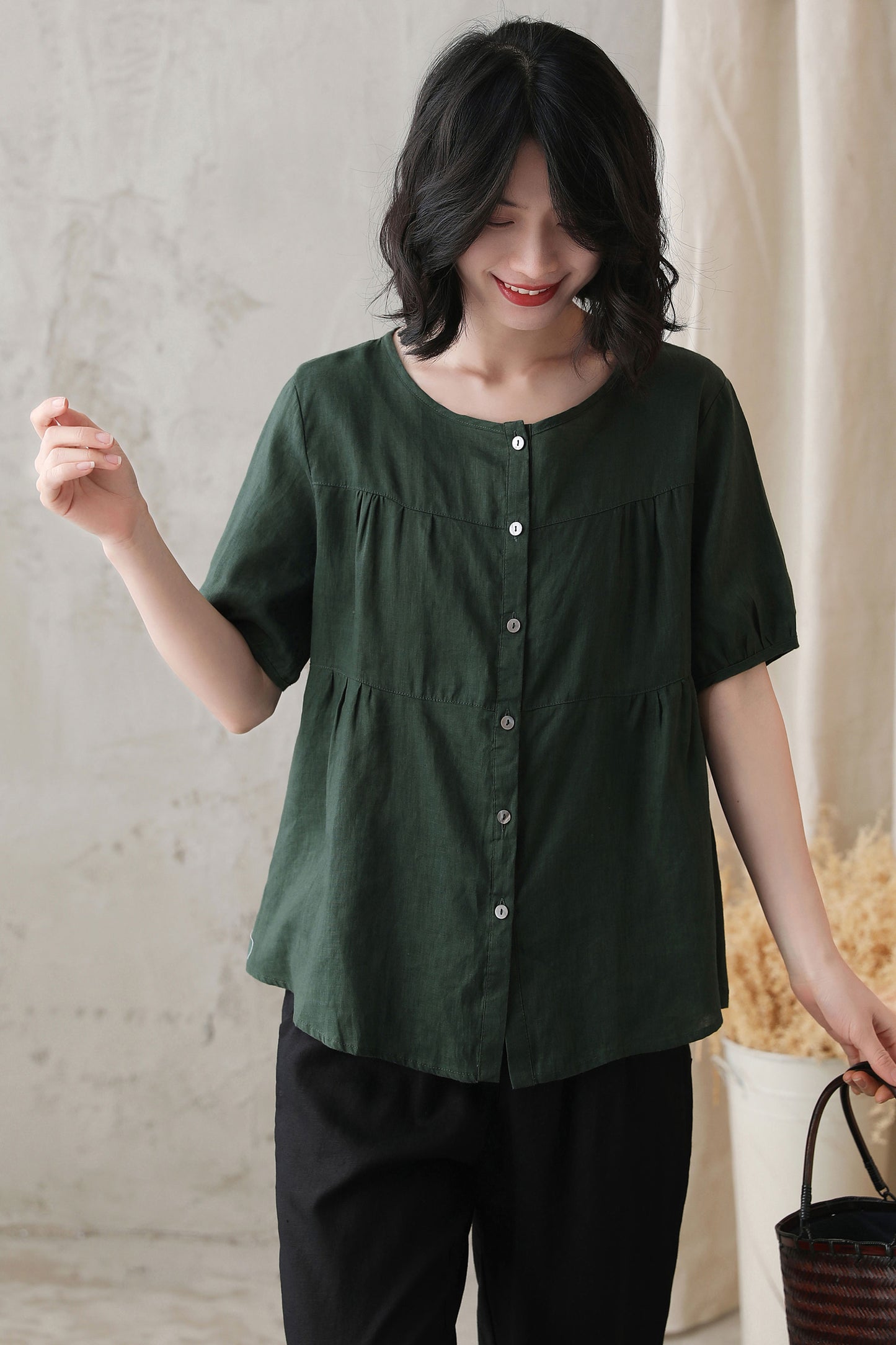 Green Cotton Linen Shirt - Short Lantern Sleeves, Loose Fit 2734