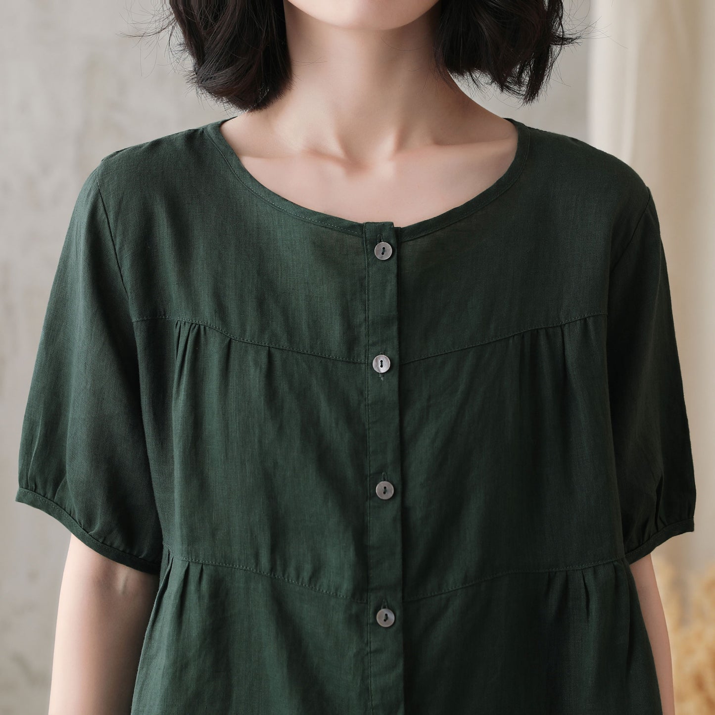 Green Cotton Linen Shirt - Short Lantern Sleeves, Loose Fit 2734