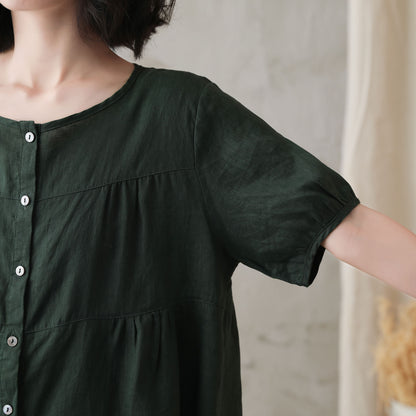 Green Cotton Linen Shirt - Short Lantern Sleeves, Loose Fit 2734