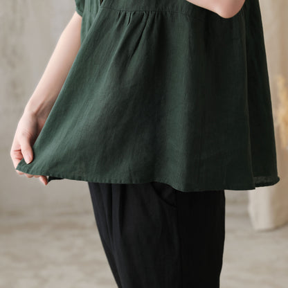 Green Cotton Linen Shirt - Short Lantern Sleeves, Loose Fit 2734