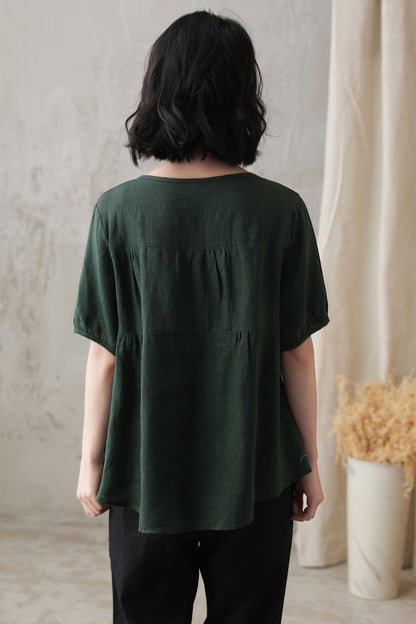 Green Cotton Linen Shirt - Short Lantern Sleeves, Loose Fit 2734