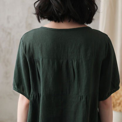 Green Cotton Linen Shirt - Short Lantern Sleeves, Loose Fit 2734