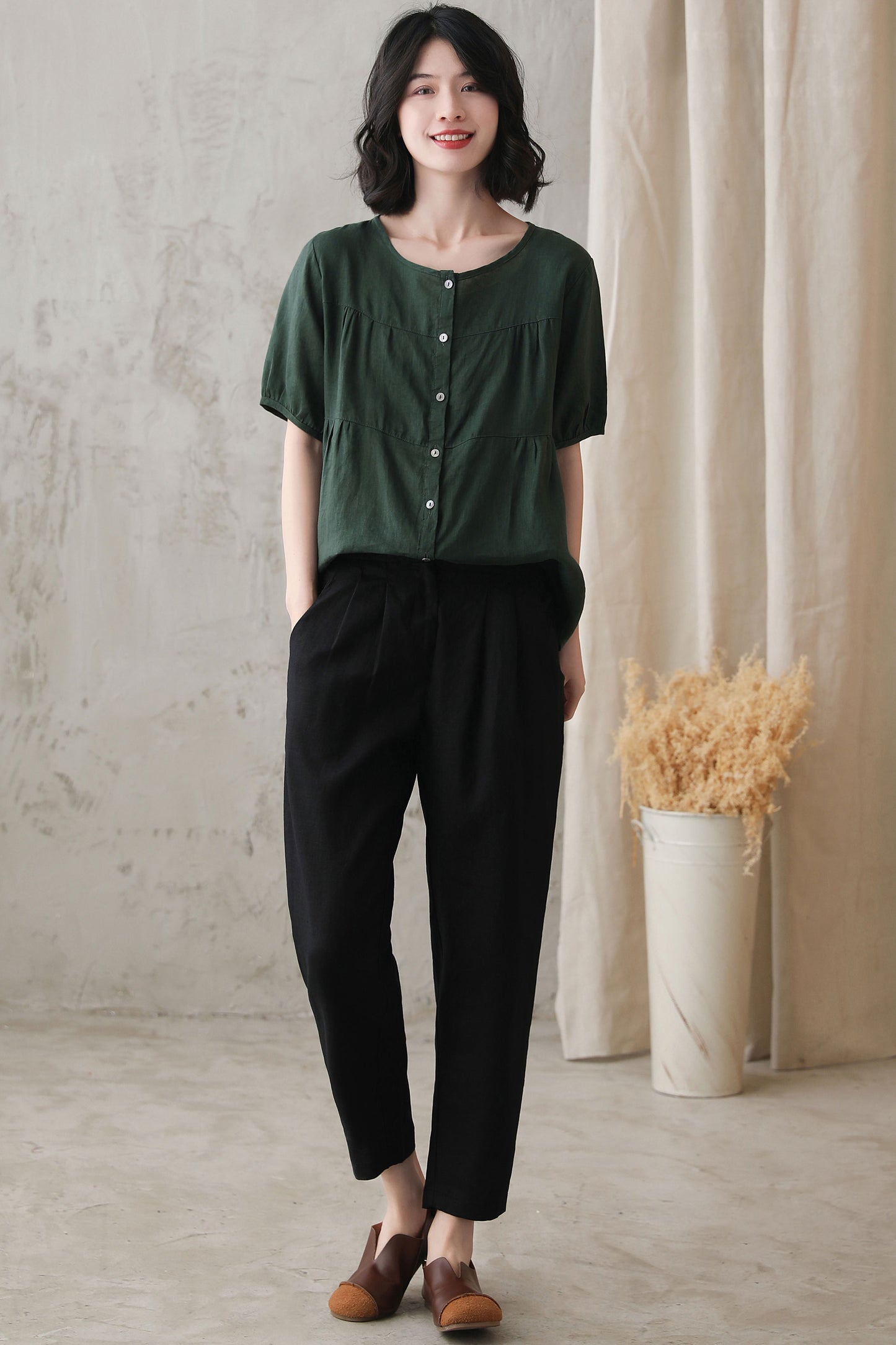 Green Cotton Linen Shirt - Short Lantern Sleeves, Loose Fit 2734