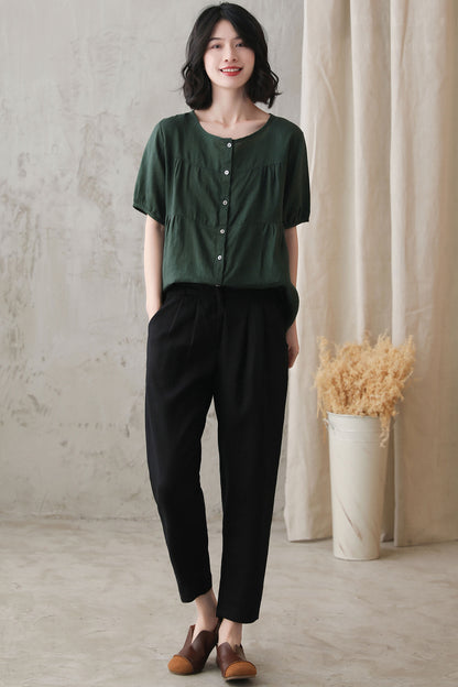 Green Cotton Linen Shirt - Short Lantern Sleeves, Loose Fit 2734