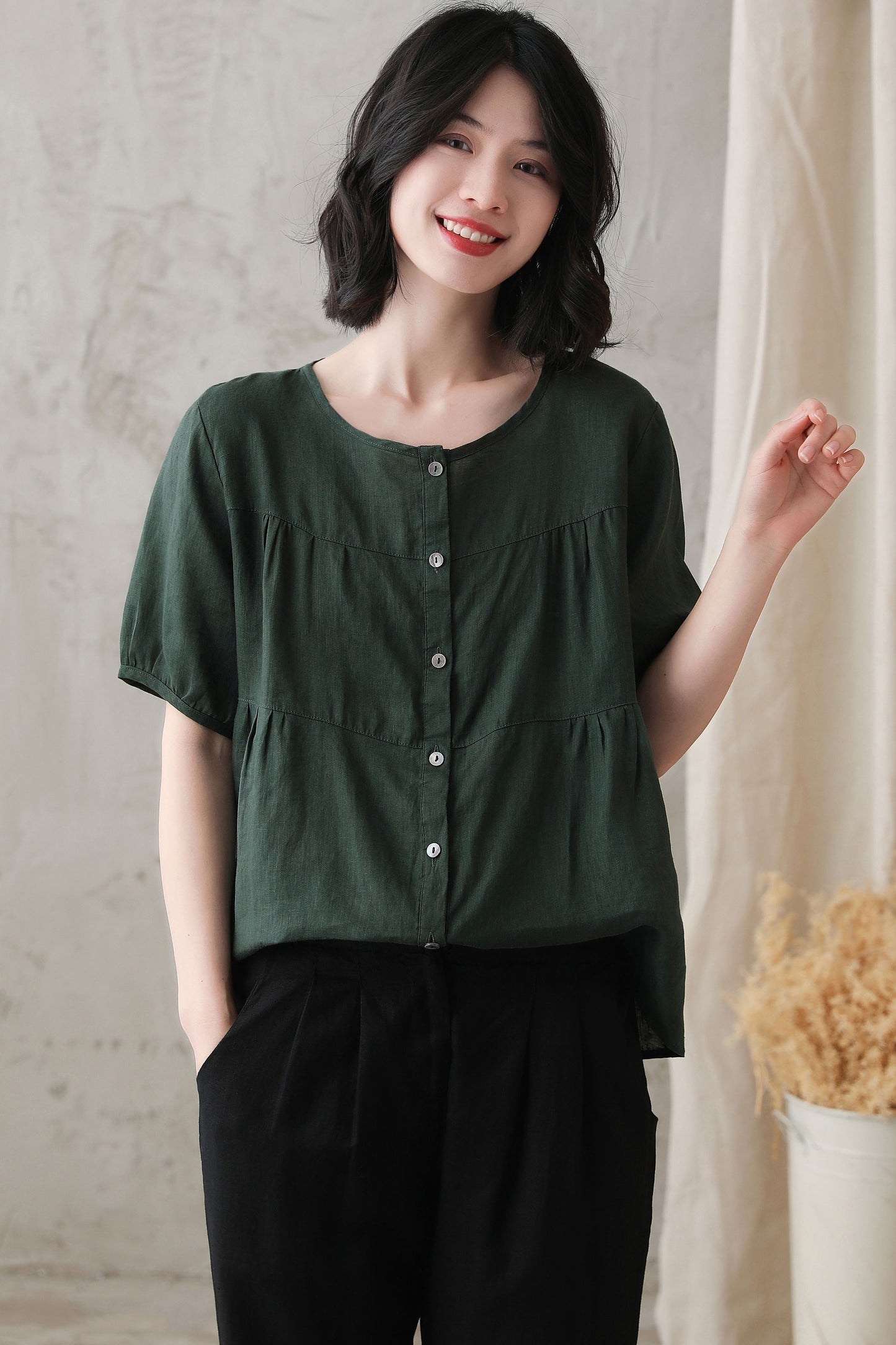 Green Cotton Linen Shirt - Short Lantern Sleeves, Loose Fit 2734