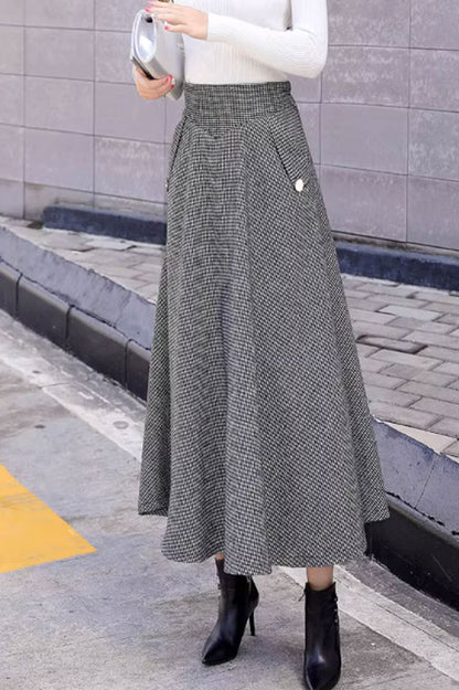 Black and White Wool Midi Skirt - Vintage A-Line with Pockets 4645-2