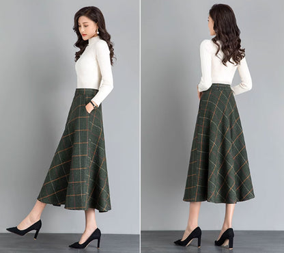 Green Wool A-Line Midi Skirt - Back Elastic Waist with Pockets 4641-2