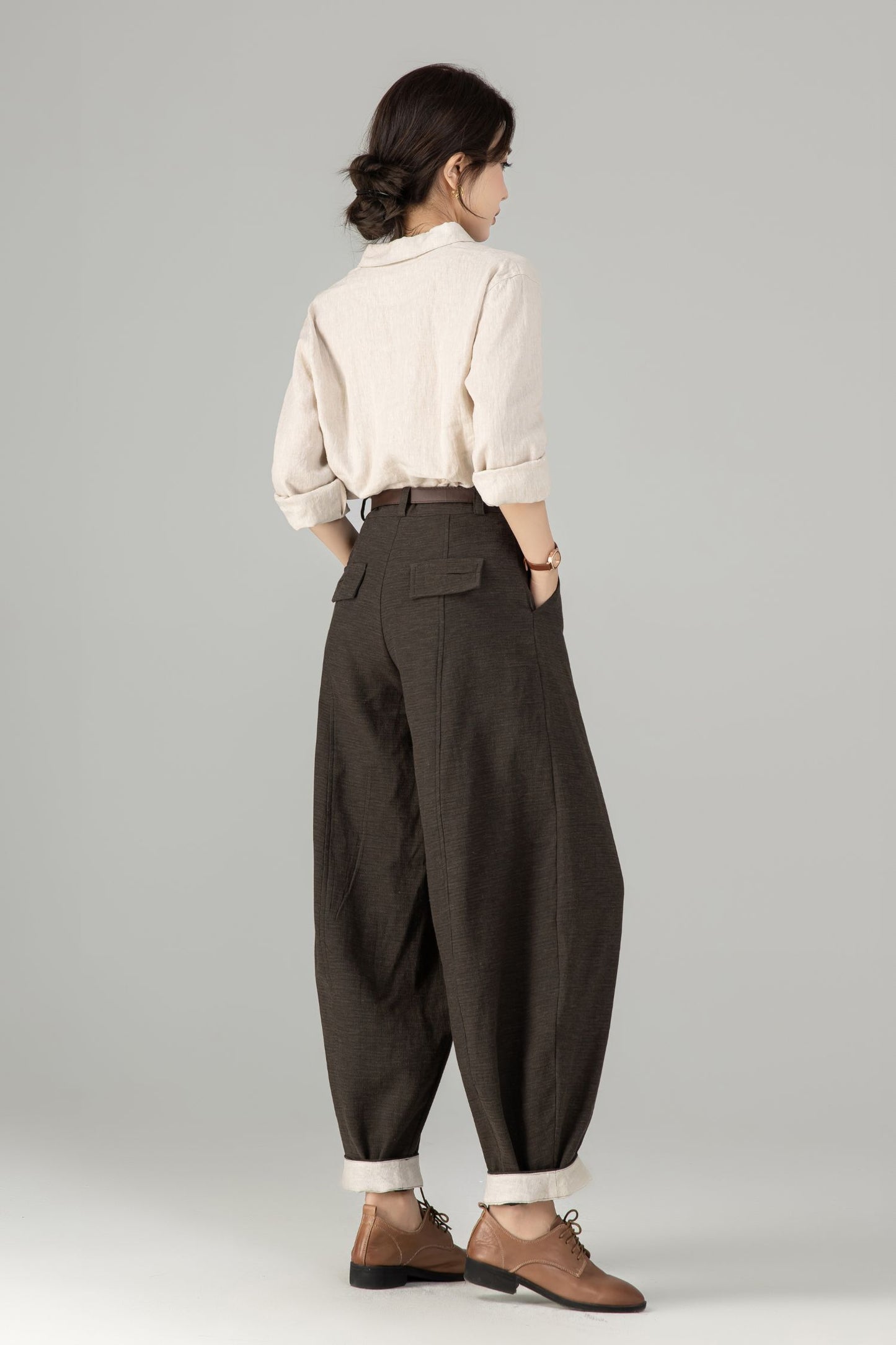 Brown Linen Harem Pants – Loose Fit Tapered Trousers for Women 6679