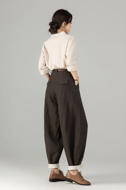 Brown Linen Harem Pants – Loose Fit Tapered Trousers for Women 6679