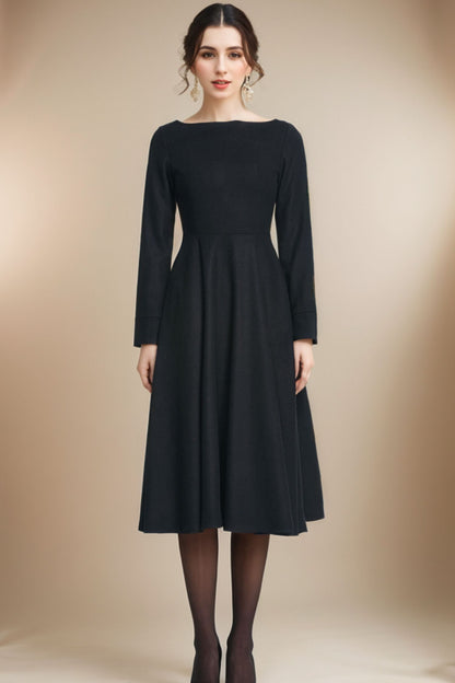 Black Wool Dress - Long Sleeve Boat Neck Midi Fit & Flare 5226