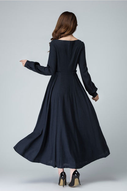 Blue Linen Maxi Dress - Flared Skirt & Boat Neckline 1465