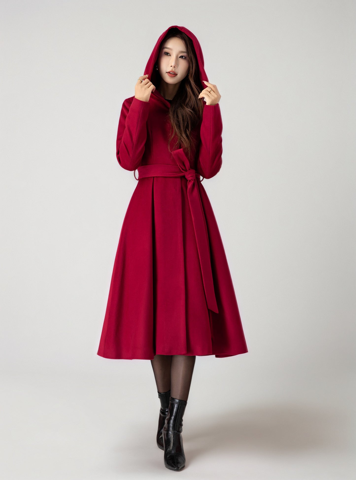 Red Wool Hooded Coat - Princess Silhouette with Belted Waist 6295