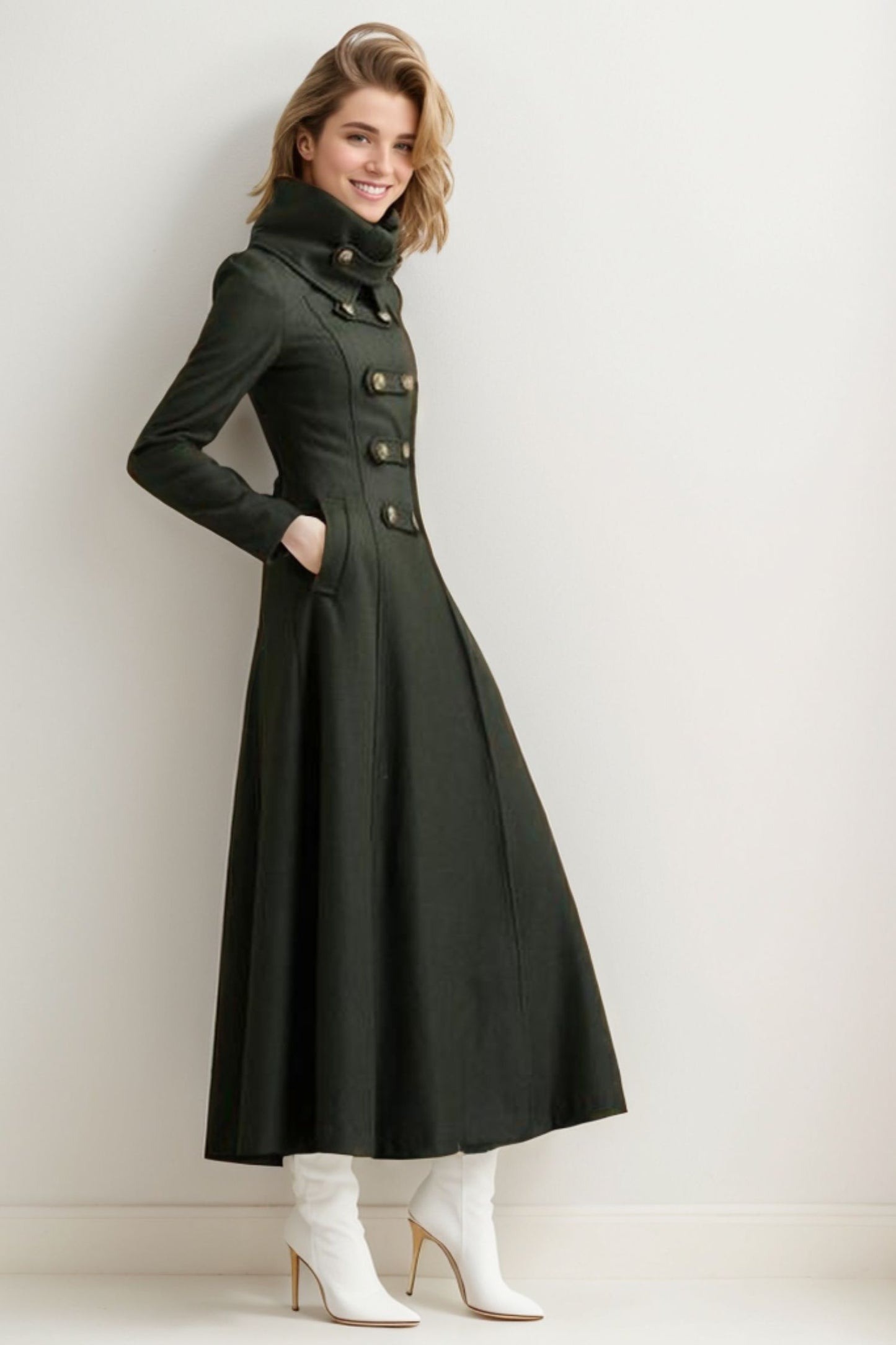 Army green military long wool coat 5218